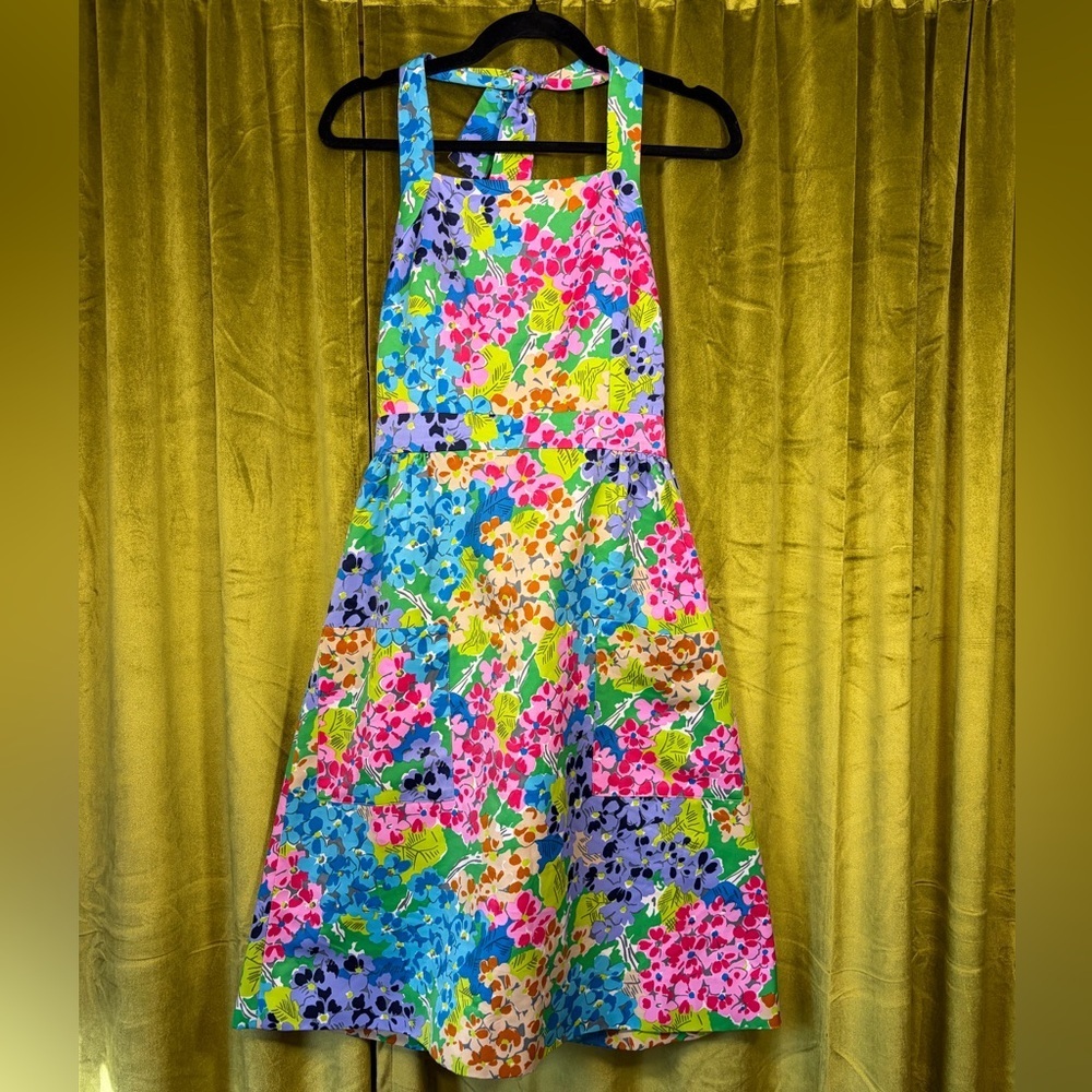 Vintage 1970s Tori Richard Bright Floral Fit & Flare Halter Dress. Size small.